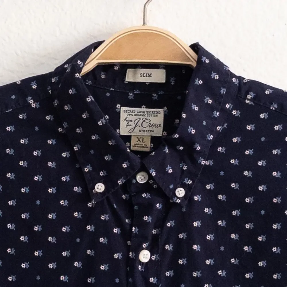 J. Crew Navy Floral Organic Cotton Slim Casual Button Down Shirt Size XL